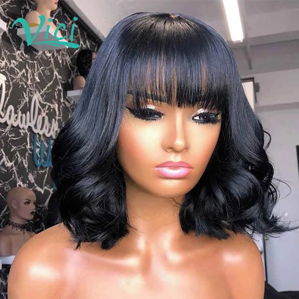 Short Bob Wigs With Bangs Human Hair Bang Wig Body Wave Wavy Lace Front Wig  Bob Lace Front Human Hair Wigs For Black Women 150%|Human Hair Lace Wigs| -  AliExpress