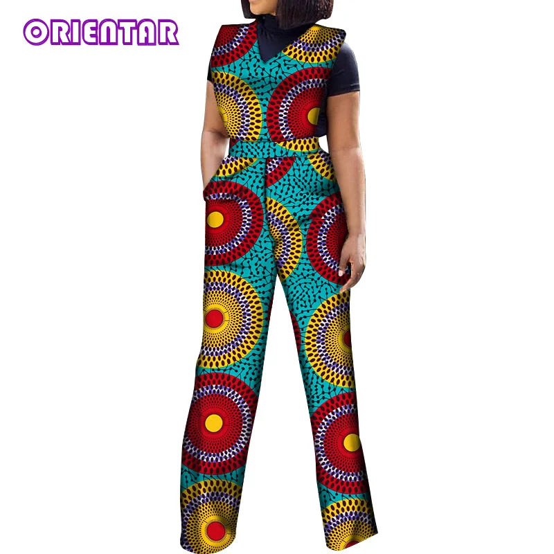 African Jumpsuits for Women V-Neck Sleeveless Autumn Fashion Romper Wide Leg Pants African Batik Wax Print Jumpsuits WY5458