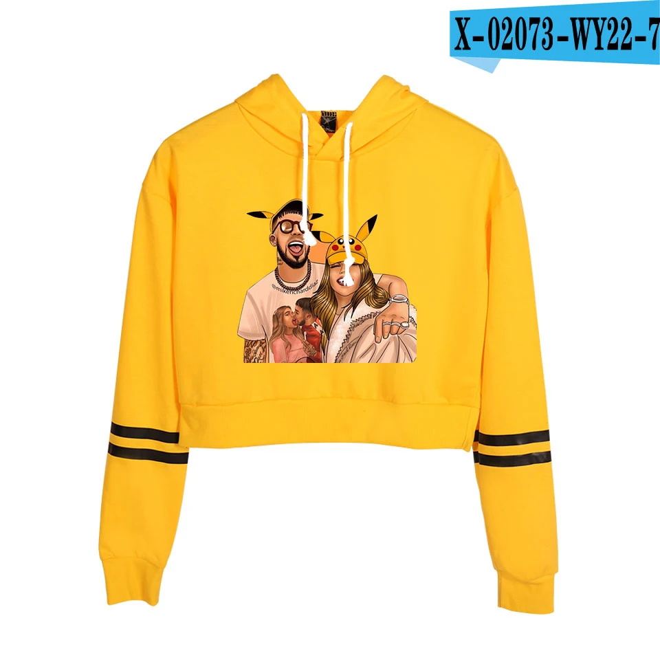 Anuel AA, модные укороченные толстовки, свитшоты, повседневные женские с длинным рукавом, с вырезами, свитер, пуловер, милый Принт, блузка, Para Mujer - Цвет: Цвет: желтый