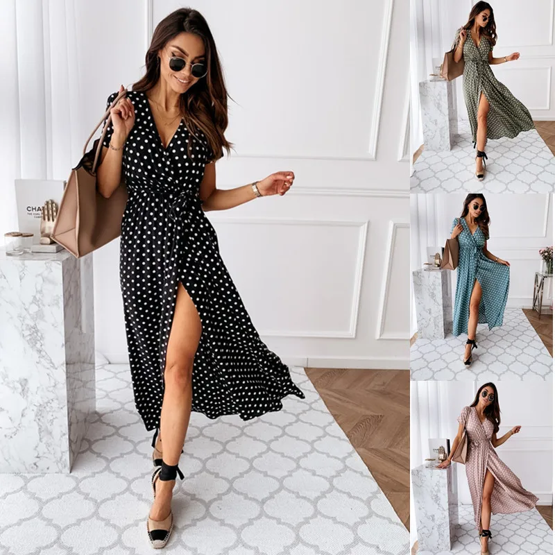 2022 Fashion Polka Dot Split Boho Dress V-Neck Women Casual Beach Vacation Long Dresses Vestido De Mujer black dress