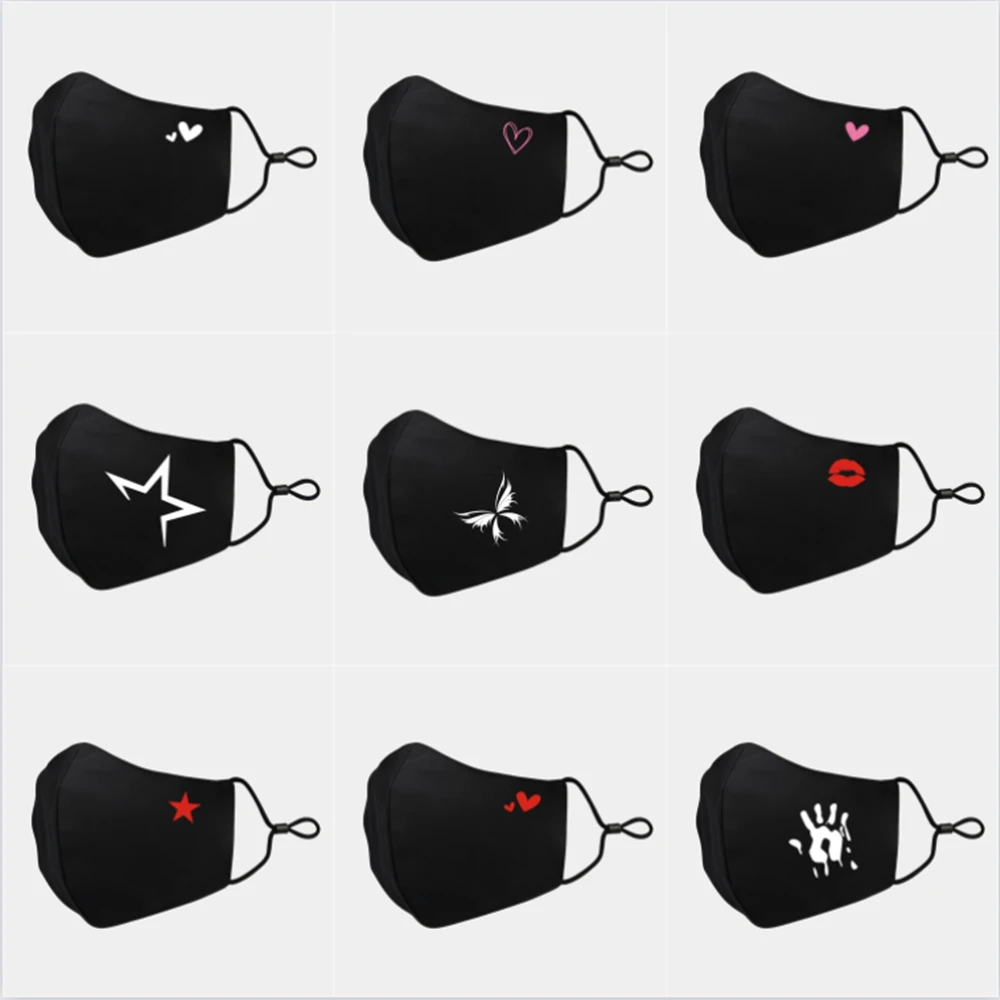 Xmas Mascarillas Dustproof Mouth Mask Heart Print Cotton Face Mouth Mask Cartoon Face Reusable Fabric Anti Pollution Black Mask