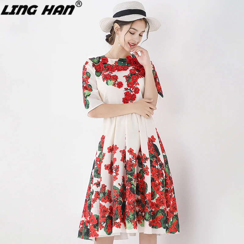 LING HAN модное осеннее платье с цветочным принтом для подиума женская элегантная аппликация с коротким рукавом с высокой талией платья для вечеринок Vestidos новинка