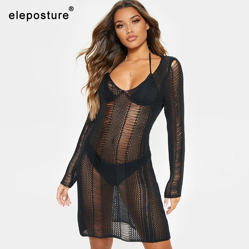 

2020 New Sexy Crochet Knitted Beach Cover Up Women Bikini Swimwear Cover Up Hollow Out Beach Dress Skirt Long Sleeves Beachwear