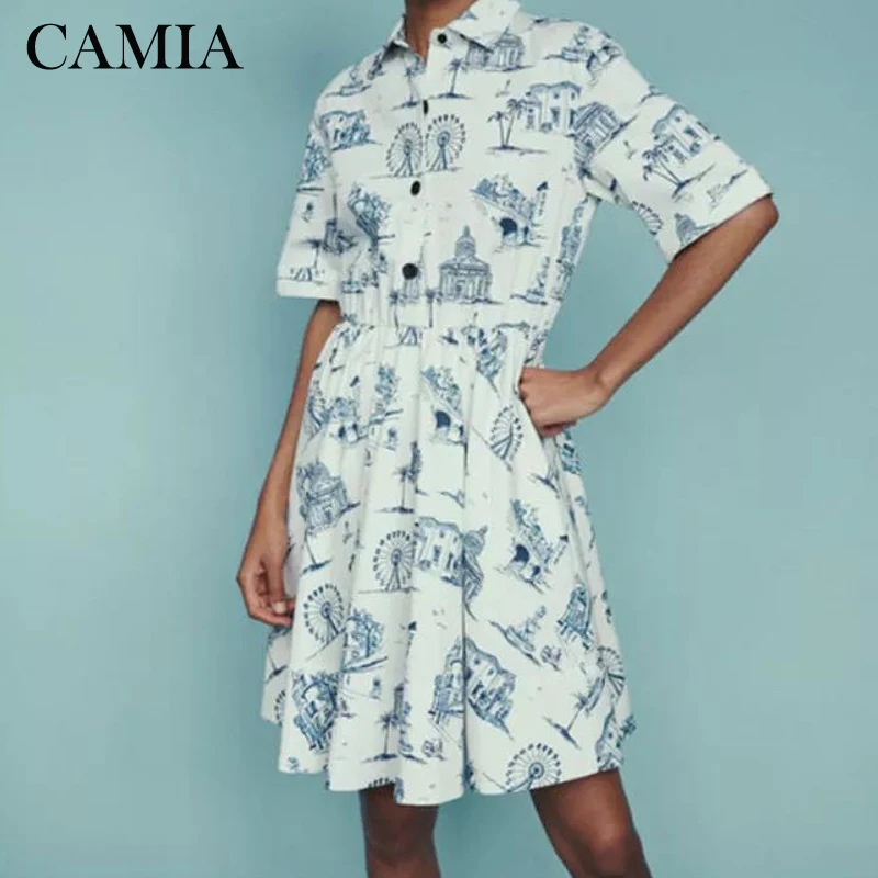 CAMIA, женское платье, романтическое, Парижское, архитектурное, с принтом, повседневное, приталенное, однобортное, платье в студенческом стиле, мини-платье