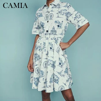 

CAMIA Women Dress Romantic Parisian architecture Print Casual Waist Single-breasted Dress College style mini dress