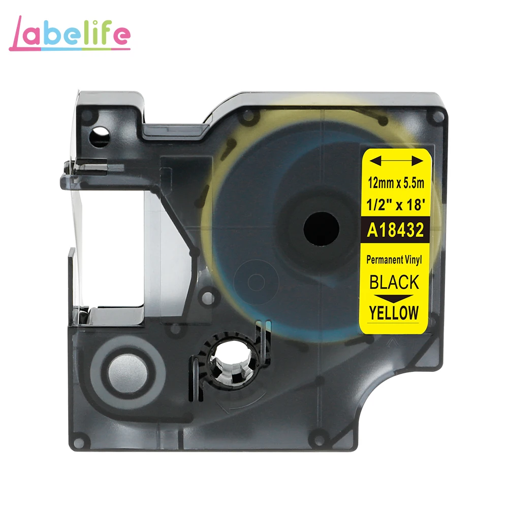 12mm A18432 Labelife 1 шт. 9/12/19 мм 18432 18435 18438 18444 промышленный DYMO носорог цветные виниловые наклейки этикетки кассета для DYMO носорог 5000 этикетировщик - Цвет: 12mm A18432