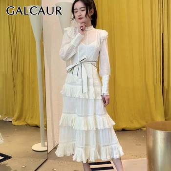 

GALCAUR Patchwork ruffle Dress Women stand collar lantern sleeve High Waist lace up bowknot mesh midi Dresses Female 2020 Tide