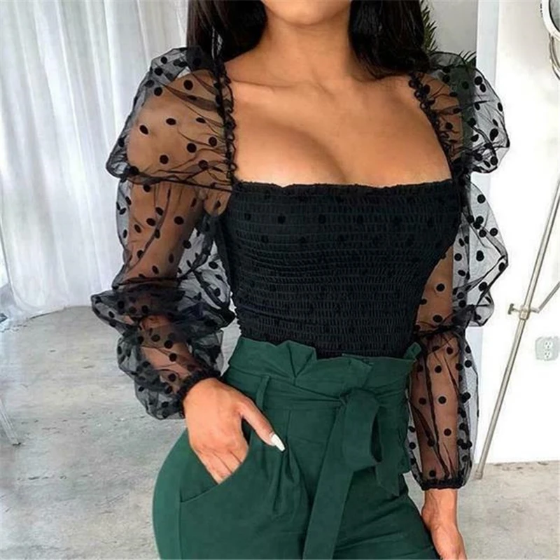 

Womens Tops and Blouses Elegant Mesh Sheer Puff Sleeve Ribbed Polka Dots Jumper Tops Tee Shirt Vintage Blouse Fashion Clothes