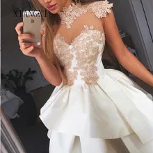 Лидер продаж, с высоким воротником, платье для выпускного вечера атласная Кружевная аппликация, без рукавов, длиной выше колена вечерние платья для вечера встречи выпускников платья