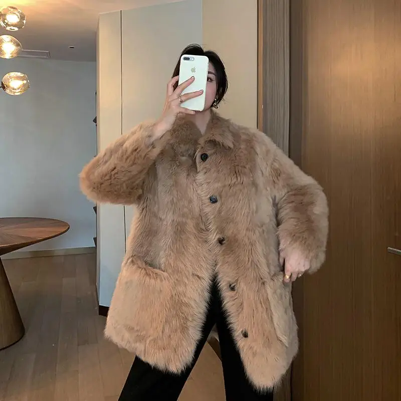 Шампанское Зимнее Новое меховое пальто для женщин, длинное теплое пальто из овечьей шерсти, Женская куртка, модное пальто из искусственного меха, верхняя одежда fourrure femme, Размер 2XL - Цвет: Шампанское