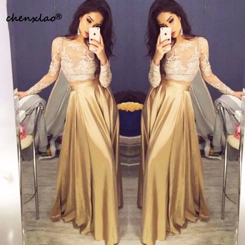 Robe soiree Модное Длинное платье для выпускного вечера с длинными рукавами 2019 О-образным вырезом с аппликацией, кружевное женское Пышное