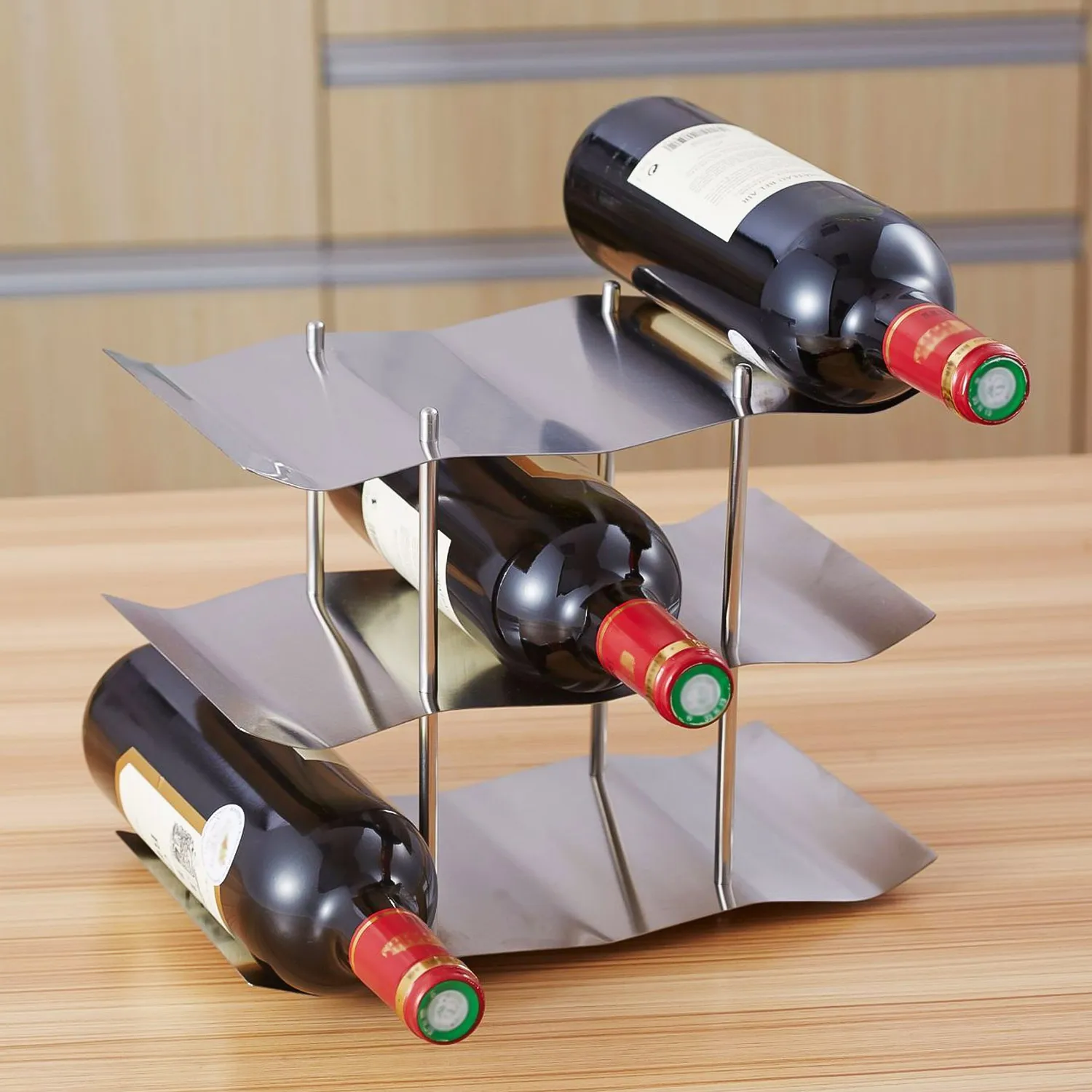

Hot New Wine Rack 3 Tiers 9 bottles Stainless Steel Kitchen Tabletop Countertop Freestanding Wave Wine Rack Display Shelf Wine H