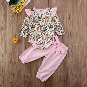 

Pudcoco Newborn Baby Girl Clothes Flower Print Long Sleeve Romper Tops Solid Color Long Pants 2Pcs Outfits Cotton Clothes Set