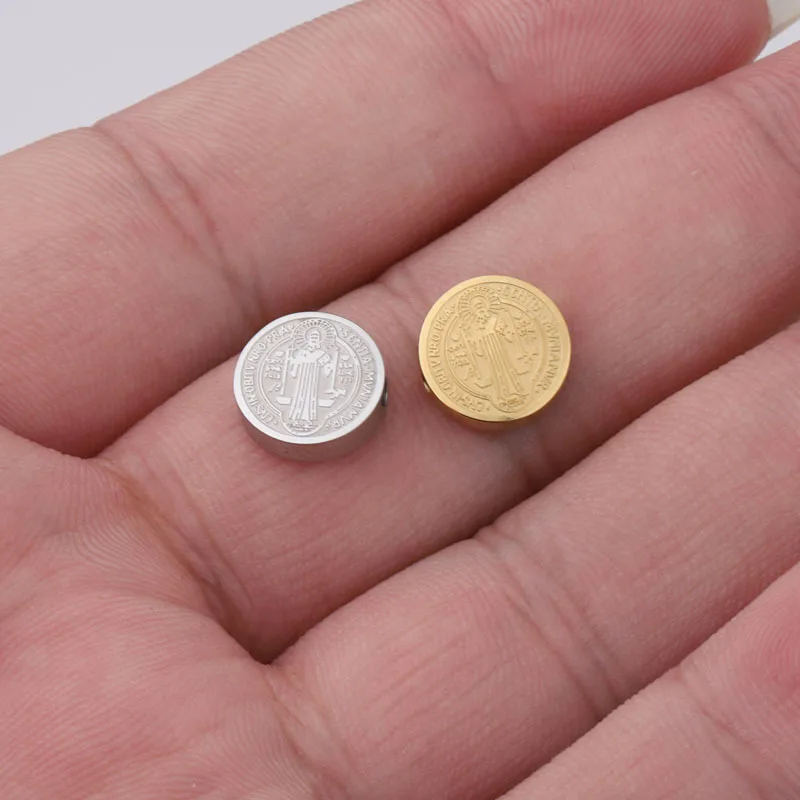 Stainless Steel Religion San Benito Medal Bead For Necklace Making Saint Benidict Bead Charm Mirror Polished Wholesale 10pcs