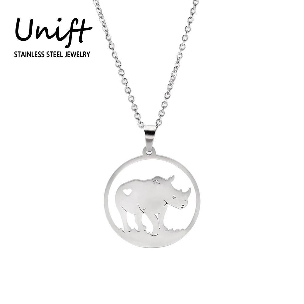 Unift Cuore Mascotte Rinoceronte Collane Animale Selvatico Rinoceronte Girocollo Moda Acciaio Inossidabile Collo Gioielli Donna Uomo Regalo Fauna Selv
