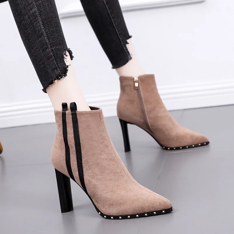 

Women's Short Boot Shoes Bootee Woman 2019 Zipper Autumn Boots Ankle Rubber Pointy High Heel Rock Mixed Colors Thin Heels PU