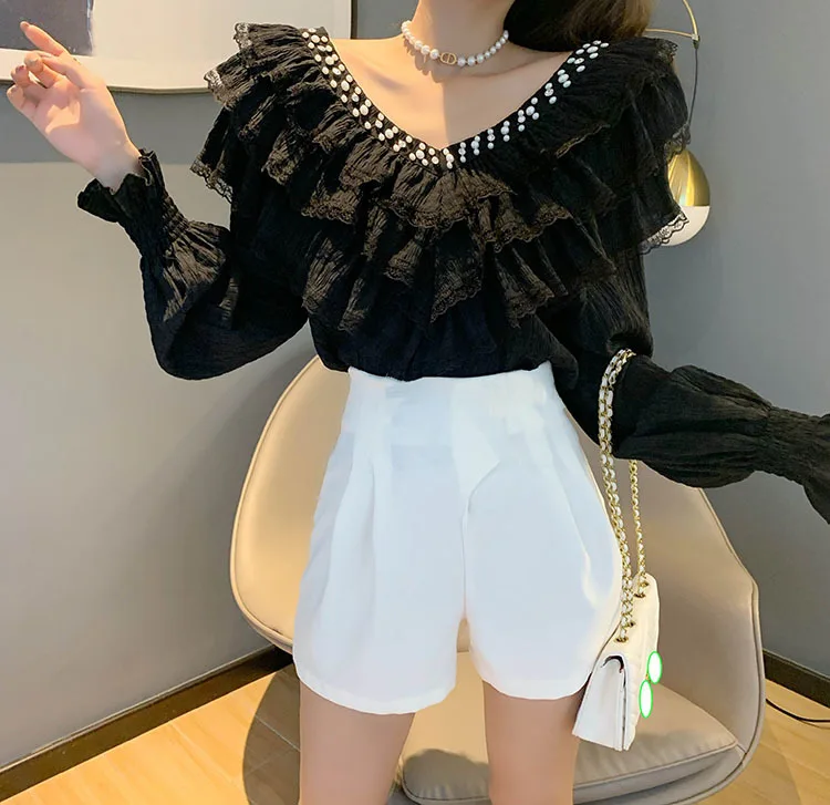 Spring Fall Korean Style Blouse Fashion Sexy Beading Patchwork Lace Ruffles Women Tops Ropa Mujer Flare Sleeve Shirt New plus size blouses