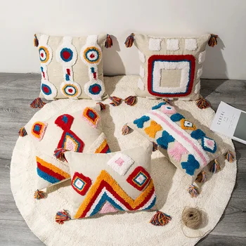 

1 Pcs Moroccan Style Cushion Cover Handmade Embroidered Pillowcase with Tassels Ethnic Colorful Pillow Cover Home Decor