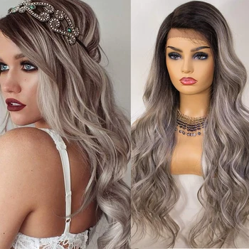 

Kryssma Long Wavy Synthetic Wigs Ash Blonde Lace Front Wig Ombre Blonde Wigs Mixed Black Fiber Hair For Women Grey Cosplay Wigs