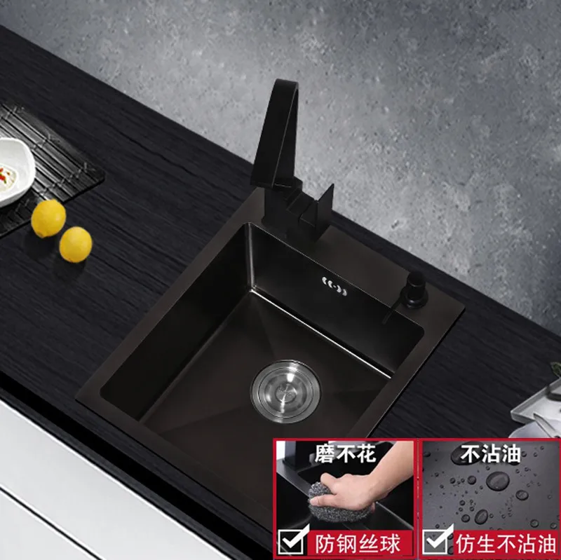Black 304 Stainless Steel Manual Sink Small Single Trough Kitchen