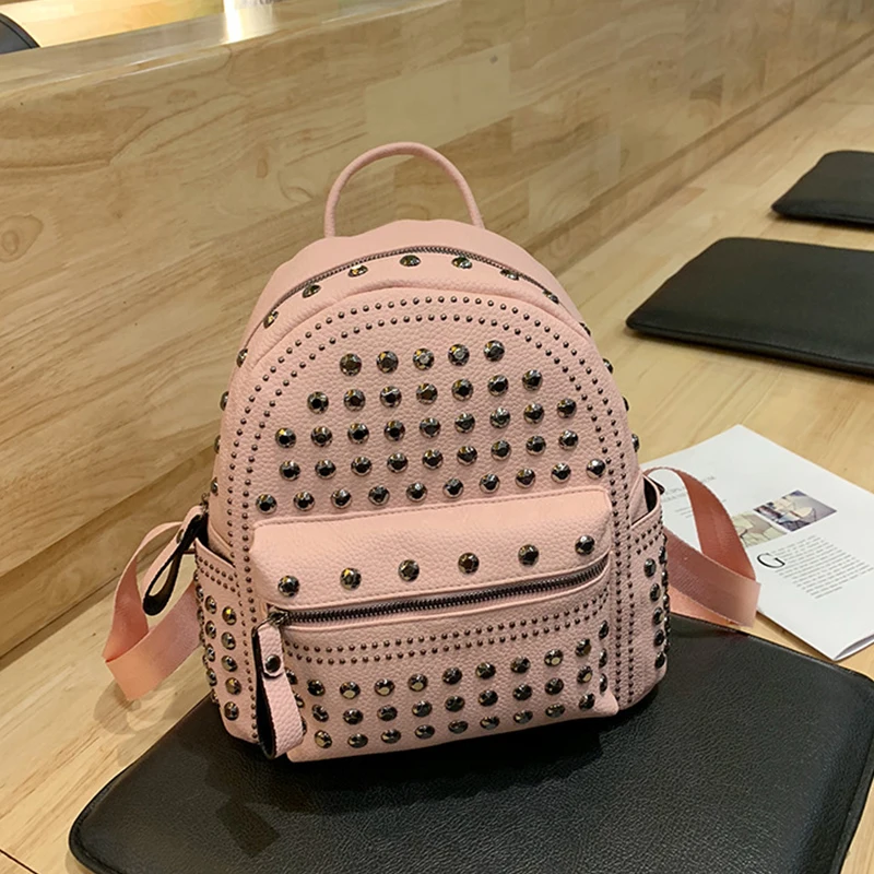 

Women Vintage Leather Rivets Backpacks Female Small Shoulder Back Pack Solid Color Teen Grils School Bag Ladies Travel Back Bag