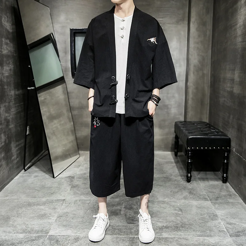 

Chinese-style Set Men's Chinese Clothing Antique Style Men Xian Qi Buddha Men'S Wear Zen Service Three-quarter-length Sleeve Uni