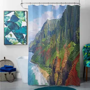 

Shower Curtains Fabric Floral Hawaiian,Na Pali Coast Kauai Hawaii Seashore Greenery Adventurous Journey Landscape, Green Redwood