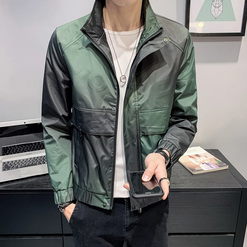 

2020 Spring New Jacket Men Korean Slim Fit Gradient Color Mens Jackets and Coats Long Sleeve Stand Collar Casual Jacket Men 3XL