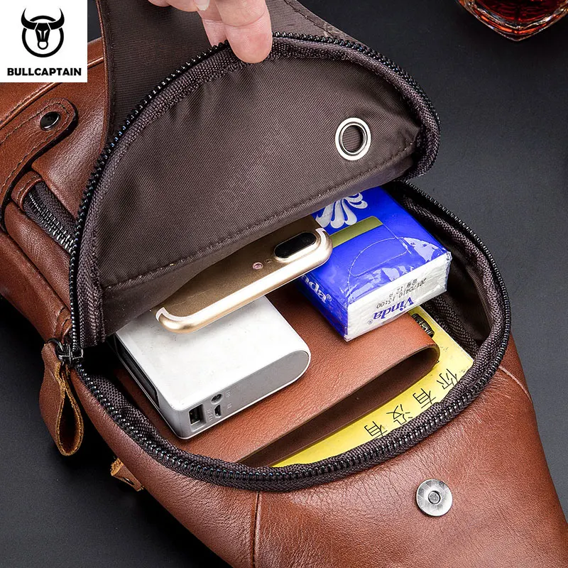 BULLCAPTAIN Leather Men's chest pocket One crossbody bags with USB rechargeable chest bag can be used for 7.9 inch iPai pockets
