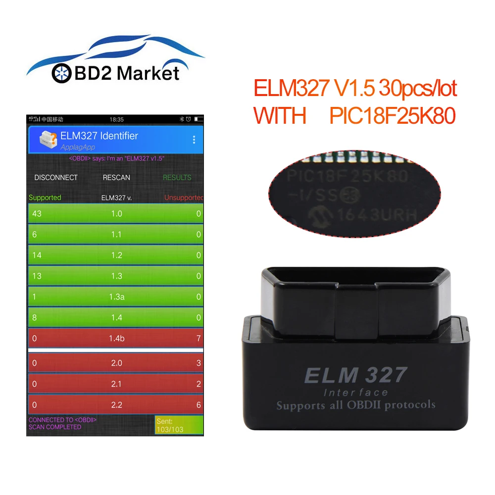 OBD2 ELM 327 V1.5 BT-беспроводной сканер с чипом pic25K80 obd2 диагностический инструмент elm327