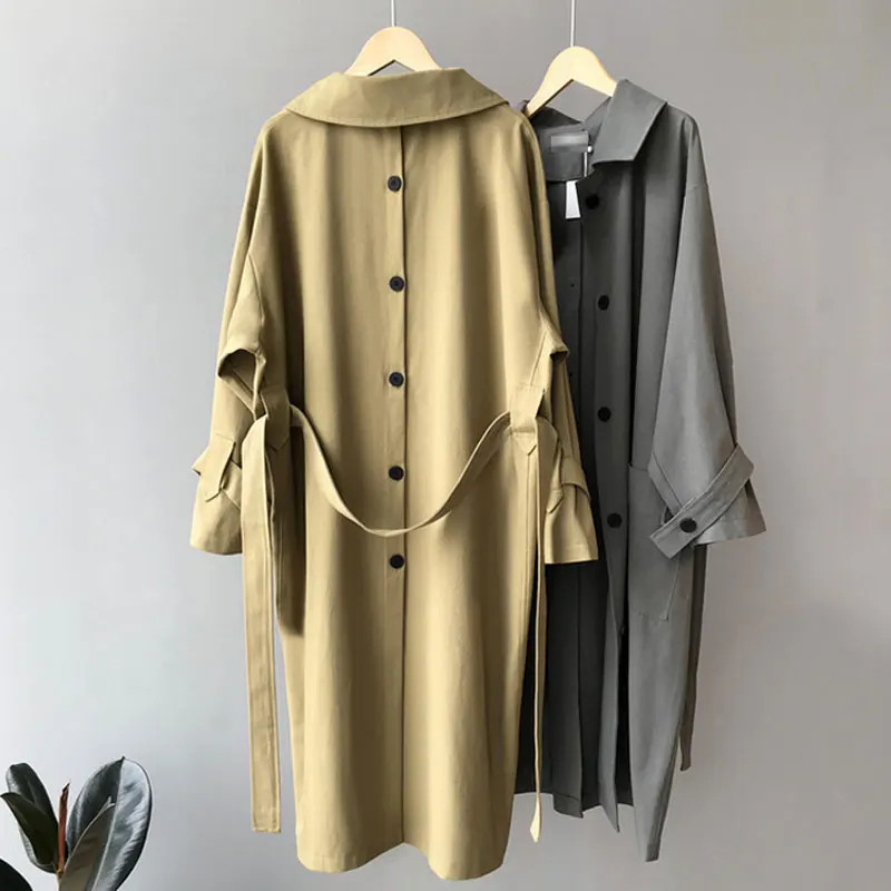 

Autumn 2020 New Waist Back Button Women's Casual Trench Coat Oversize Adjustable Waist Vintage Washed Outwear Loose Clothing