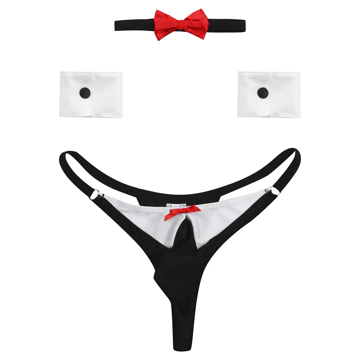 TiaoBug Мужское нижнее белье Красный галстук для смокинга стринги с браслеты ремни дворецкий официант гей белье набор мужской сексуальный костюм