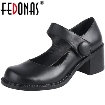 

FEDONAS Beautiful Mary Janes Red Womens Shoes Genuine Leather Thick Heels Pumps Summer Autumn Casual Shoes Woman Heels Size 34