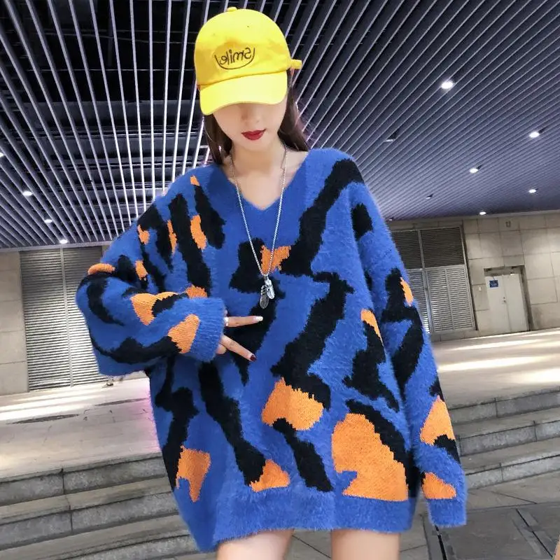 

JSXDHK New 2019 Autumn Winter Loose Pullovers Women Print Leopard Blue Soft Warm Mink Cashmere Ladies Knitted Lazy Sweater Tops