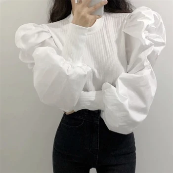 

SONDR Women's Korean Style Patchwork Shirt O-Neck Long Puff Sleeve Casual Female Blouse All Match Tops 2020 Spring Woman Clothes