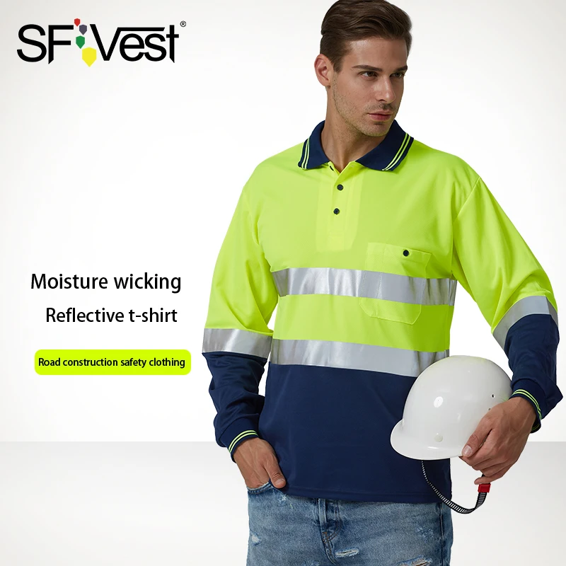 SFVest высокая видимость безопасности работы Поло футболка влаги влагу ткань с подогревом ярко серебро отражающая футболка