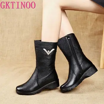 

GKTINOO 2019 Vintage Female Genuine Leather Mid Calf Winter Boots Women Shoes with Fur Warm Mid-calf Boots Laides Zip Booties