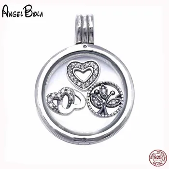 

1 set Middle Size Locket with 3 Charms Holds Necklace of Memory Fine Jewelry 100% 925 Sterling silver For Women