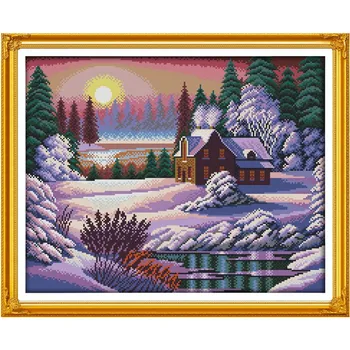 

Free DMC Cross Stitch 11CT Dusk snow-covered landscape DIY Needlework Kit for ribbon Embroidery Knitting Needles Crafts