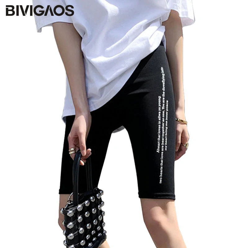 

BIVIGAOS New Summer Leisure Fashion Printed Short Women Letter Stretch Biker Shorts Thin Korean Knee Shorts Women Bicycle Shorts