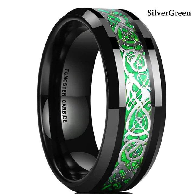 10 Colors 8mm Men's Stainless Steel Celtic Dragon Ring Inlay Red Green Black Carbon Fiber Ring Wedding Band Jewelry Size 6-13 GreenSilver