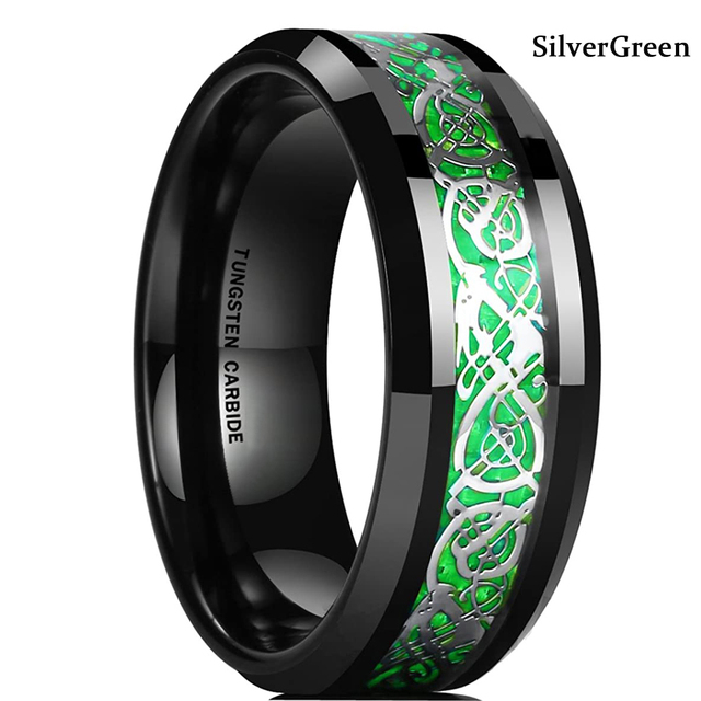 Colors 8mm Men's Stainless Steel Celtic Dragon Ring Inlay Red Green Black Carbon Fiber Ring Wedding Band Jewelry Size 6-13