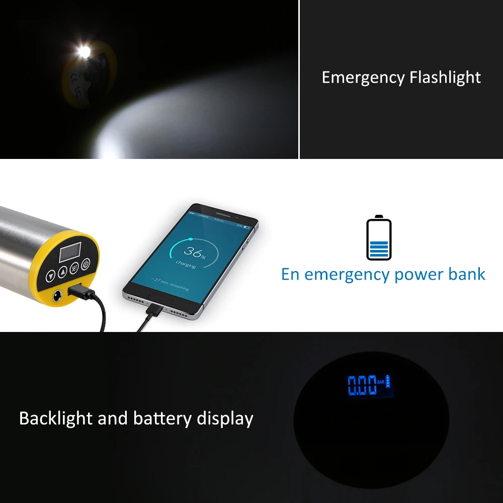 

150PSI Bike Electric Pump MTB Road Bike Motorcycle Car Air Pump Built-in Gauge Emergency Power Bank Flashlight with Car Charger