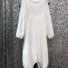 Элегантное белое платье осень зима Стильное женское платье с круглым вырезом в горошек кружевное лоскутное платье с длинным рукавом ассиметричное сексуальное платье