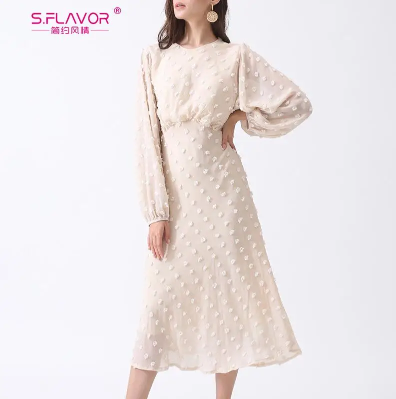 beige S. FLAVOR осеннее модное женское белое платье Новое поступление шифоновое шикарное длинное платье для леди современные элегантные вечерние платья - Цвет: beige