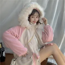 

Winter Preppy Japanese Soft Girly Coat Sweet Bandage Bow Pocket Cute Fur Collar Hooded Kawaii Keep Warm Pink Cotton Clothes