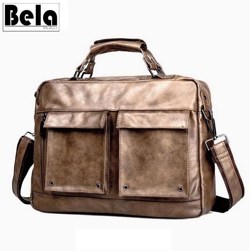 BelaBolso Double Pocket Men Briefcase Handbag Vintage Shoulder Bag Male For Documents Large Capacity Travel Totes HMB687 |