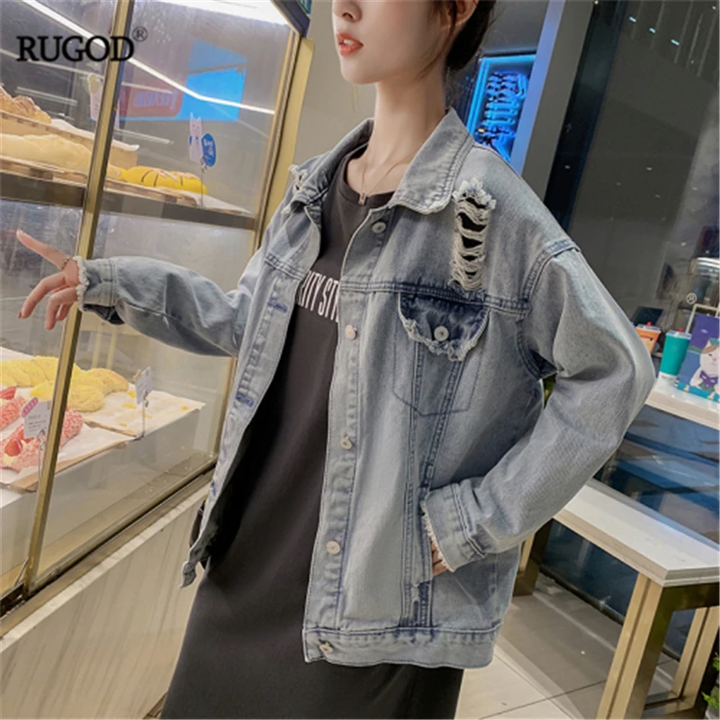 

RUGOD 2019 New Autumn Winter Women Denim Frayed Holes Jacket Letter Embroidery Classic Casual Female Coat Chic Korean Jacket