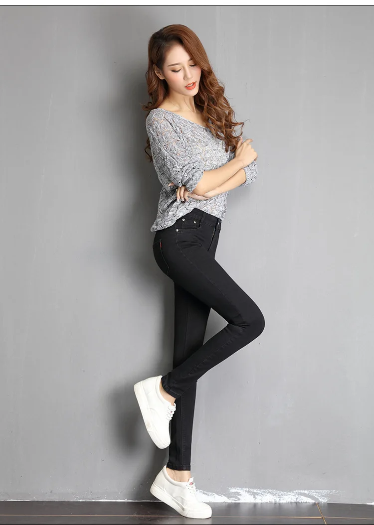 Spring New Style Slim Fit Elasticity Versatile Cowboy Skinny Trousers Large Size Black And White with Pattern Dark Blue Gra