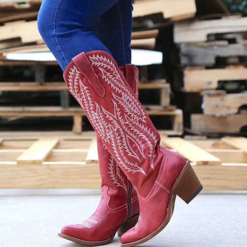 Oeak; классические ковбойские сапоги с вышивкой в ковбойском стиле; женские кожаные женские ковбойские ботинки; обувь на низком каблуке; женские сапоги до колена; женские ботинки
